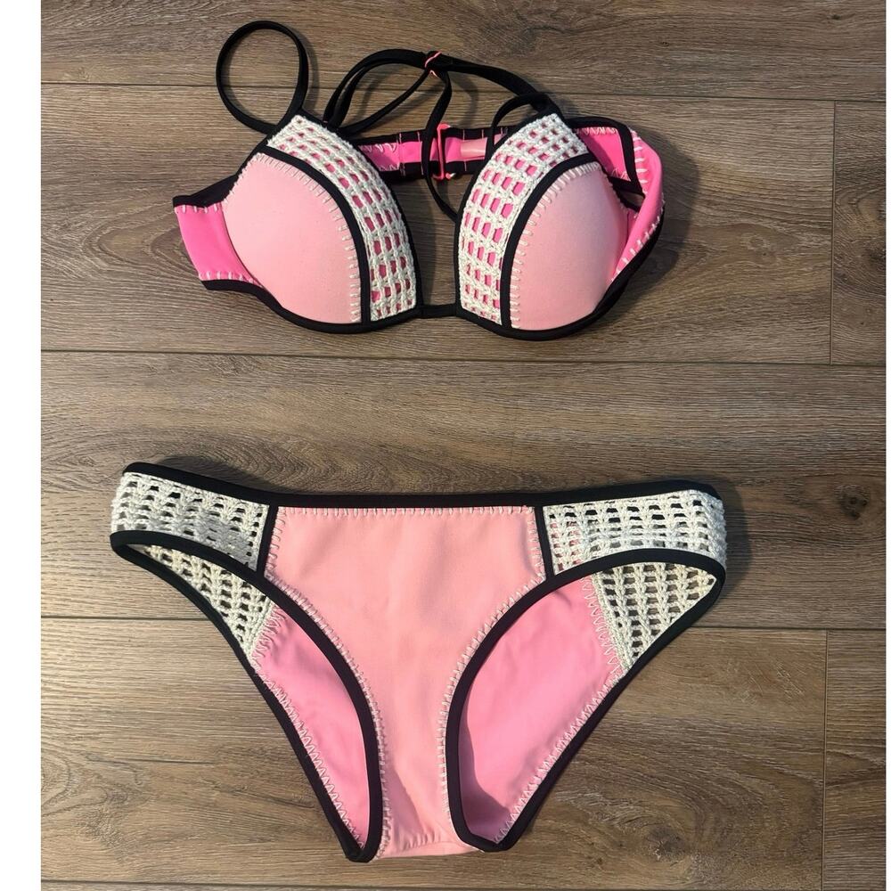Victoria's Secret The Fabulous Surf Crochet Bikini Set Pink Black 34B Top L Bott